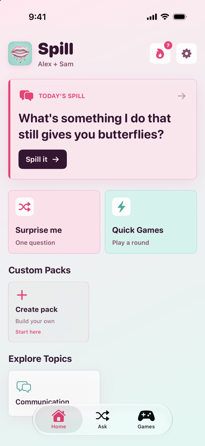 Spill app home screen
